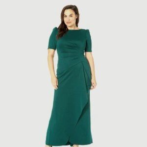Xscape Long Gown with Side Ruching and 3/4 Sleeves - Hunter Green